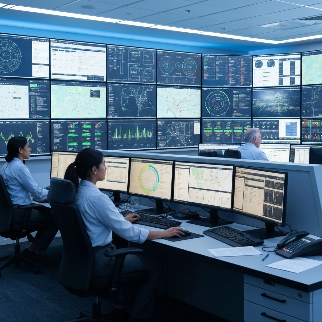 Modern utility control room with analytics dashboards