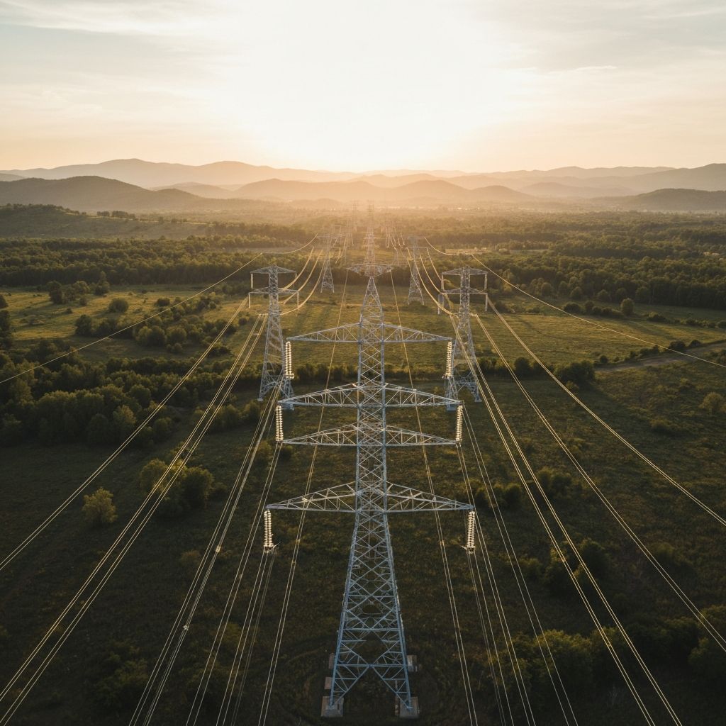Aerial view of power transmission infrastructure at golden hour