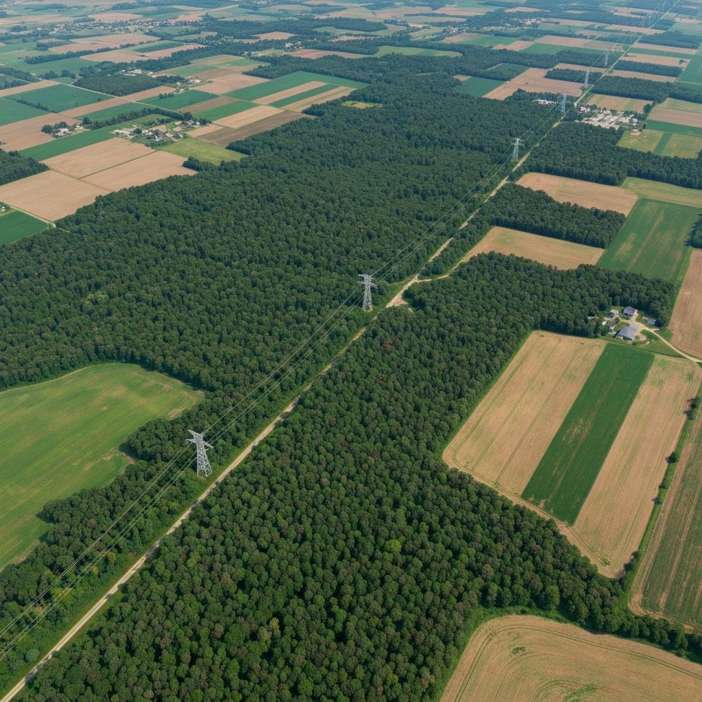Satellite view of landscape with power line corridors