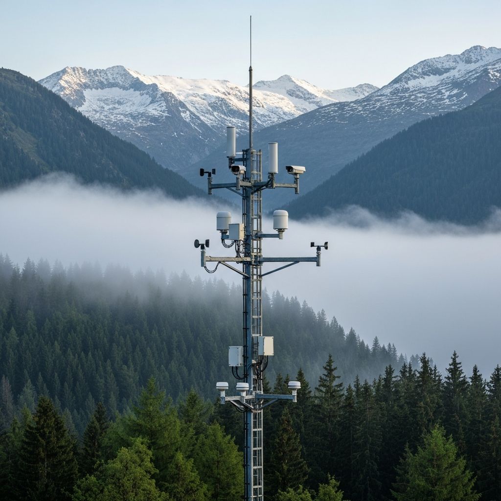 Environmental monitoring sensor station on a tower in mountainous landscape